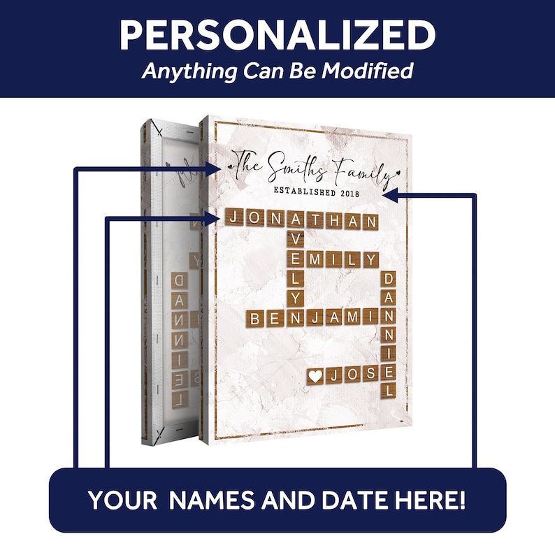 May include: A personalized canvas print with a white background and a brown wood-look border. The print features a crossword puzzle with the names "Jonathan", "Emily", "Benjamin", and "Jose" spelled out. The text "The Smiths Family Established 2018" is at the top of the print.