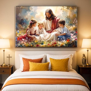 May include: A framed canvas print depicting a religious scene. It shows a figure in white and red robes surrounded by three children in a colorful flower field. The print hangs above a bed with orange and yellow pillows.