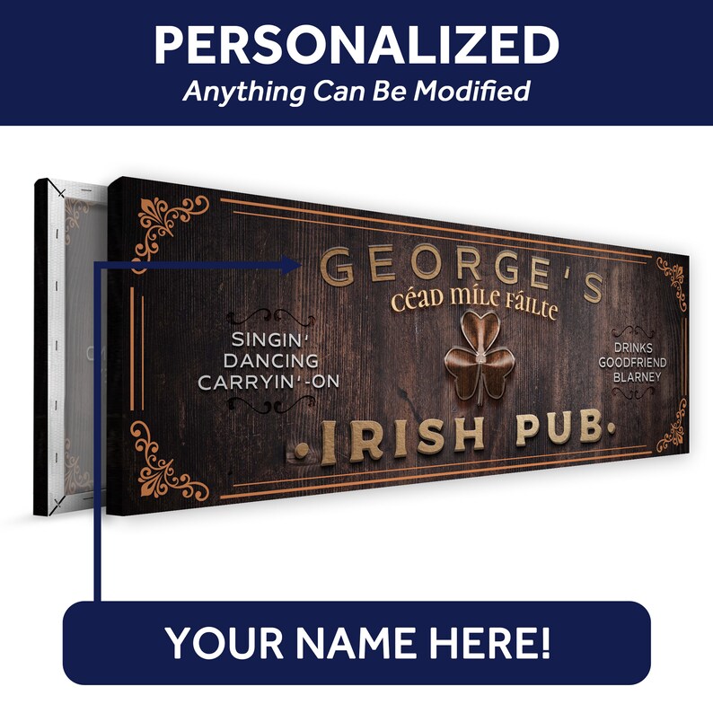 Puede incluir: Un letrero de madera personalizado con un fondo marr&oacute;n r&uacute;stico y letras doradas. El letrero dice "George's Cead Mile Failte Irish Pub." con un dise&ntilde;o de tr&eacute;bol. El letrero es perfecto para un pub o bar.