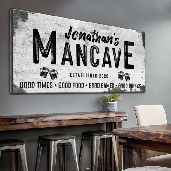 Man Cave Sign | Man Cave Decor Personalized Bar Wall Art | Custom Man Cave Sign Canvas Wall Decor | Established Man Cave Gift Sign