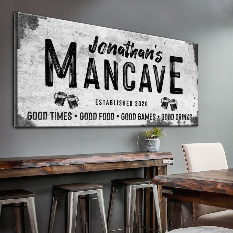 Man Cave Garage Home Bar sign of personalized black script and established date labels with stenciled beer mugs décor on a rustic gray canvas.