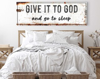 Decorazione Da Parete In Legno Con Scritta 'Give It To God And Go To Sleep', 101x38 Cm, Stile Fattoria, Per Camera Da Letto Sopra Il Letto, Bianca, Con Ganci