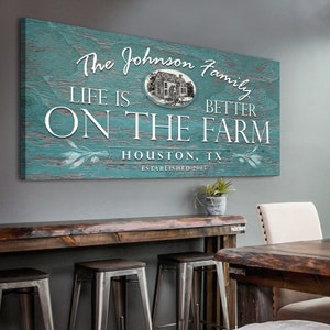 May include: A teal blue wooden sign with white text that reads "The Johnson Family Life is Better On The Farm Houston, TX Established 2005". The sign features a black and white illustration of a farmhouse.