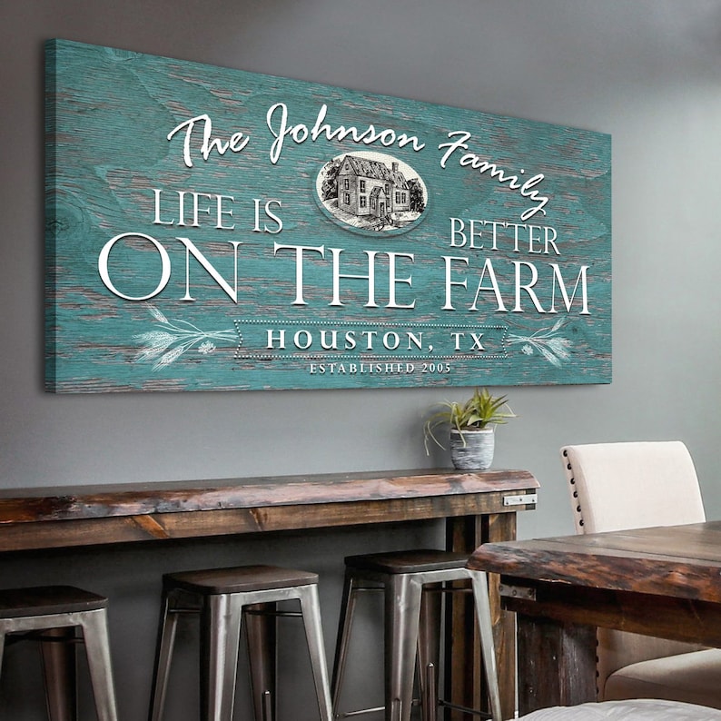 May include: A teal blue wooden sign with white text that reads "The Johnson Family Life is Better On The Farm Houston, TX Established 2005". The sign features a black and white illustration of a farmhouse.