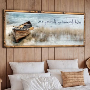 Lake House Sign Decor | Rustic Lakeside Wall Art | Wooden Boat Lake House Decor | Coastal Bedroom Artwork | Coastal Cabin Canvas Decor