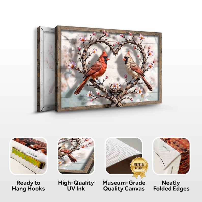 May include: A canvas print featuring a pair of red cardinals perched on a heart-shaped branch with pink blossoms. The background is a rustic woodgrain pattern. The print has a wooden frame and is ready to hang.