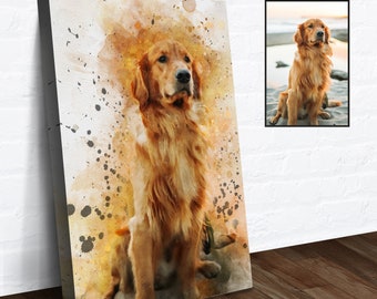 Może przedstawiać: Aquarela przedstawiająca golden retrievera siedzącego na żółtym i brązowym tle. Pies ma miękkie, puszyste futro i patrzy bezpośrednio na widza.