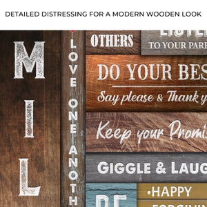 A farmhouse canvas sign with set of family rules on a wooden-inspired background.