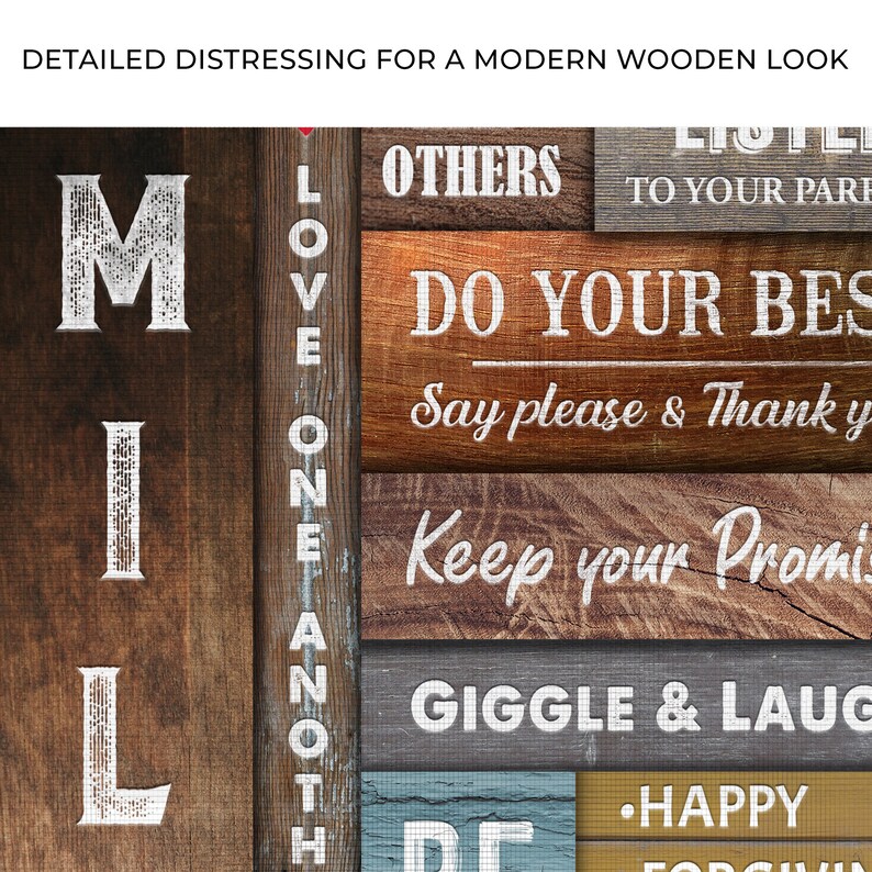 A farmhouse canvas sign with set of family rules on a wooden-inspired background.
