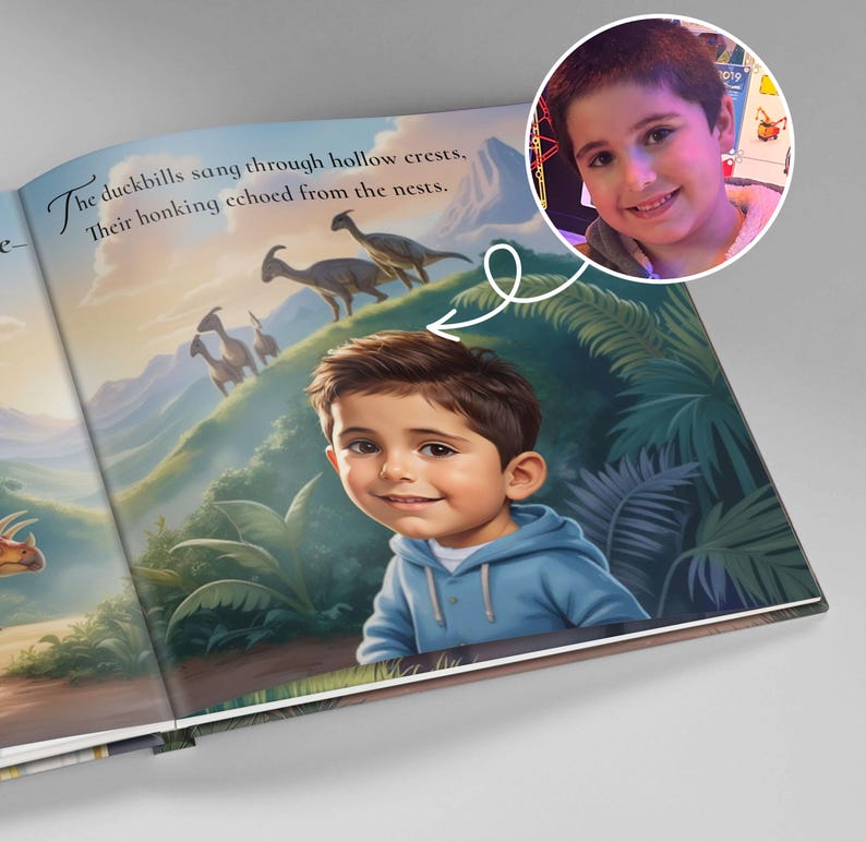 May include: A children's book open to a colorful illustration of dinosaurs on a green hillside. The text reads, "The duckbills sang through hollow crests. Their honking echoed from the nests." A cartoon boy in a blue hoodie is featured.