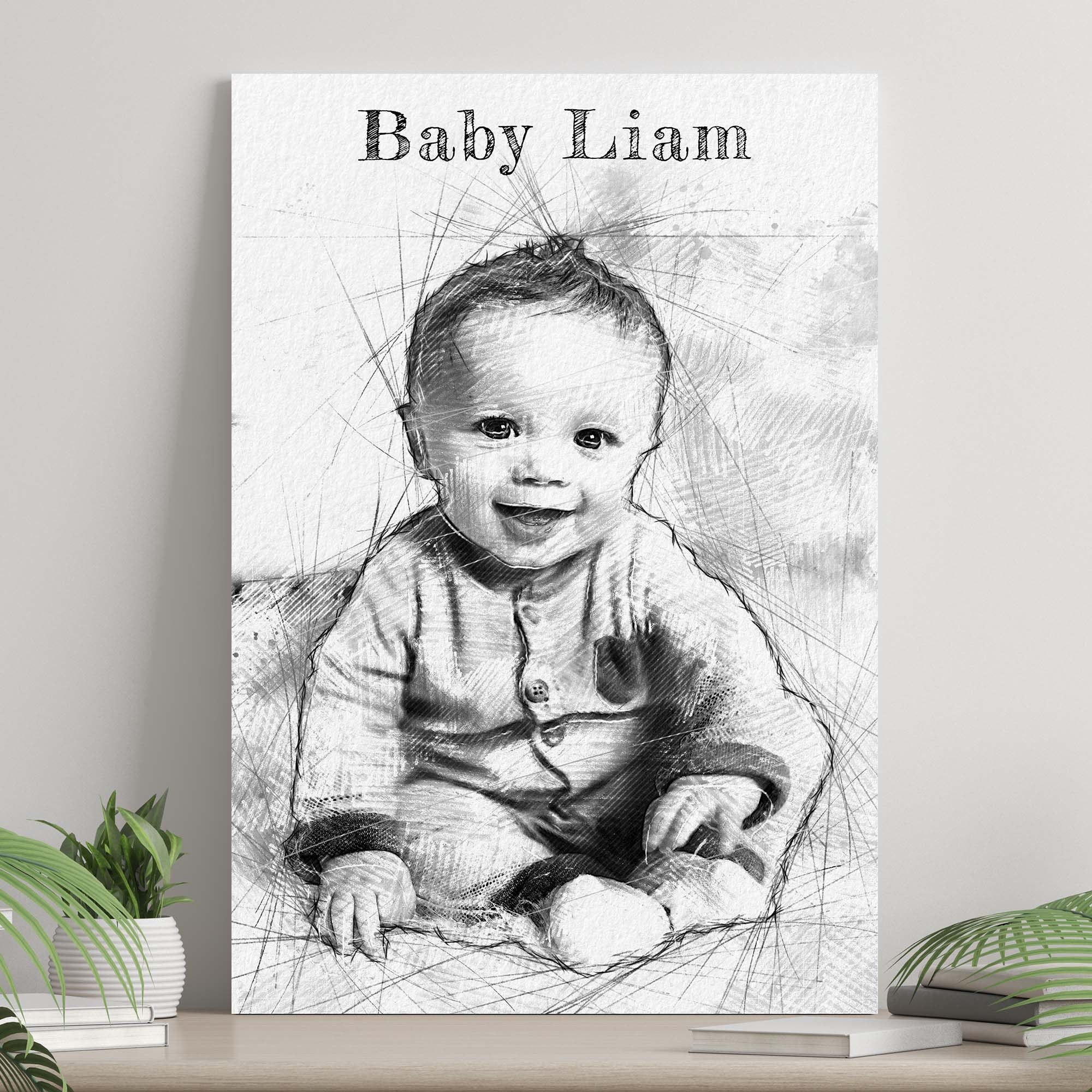 Personalized Pencil Sketch Baby Portrait, Christening Baby Gift