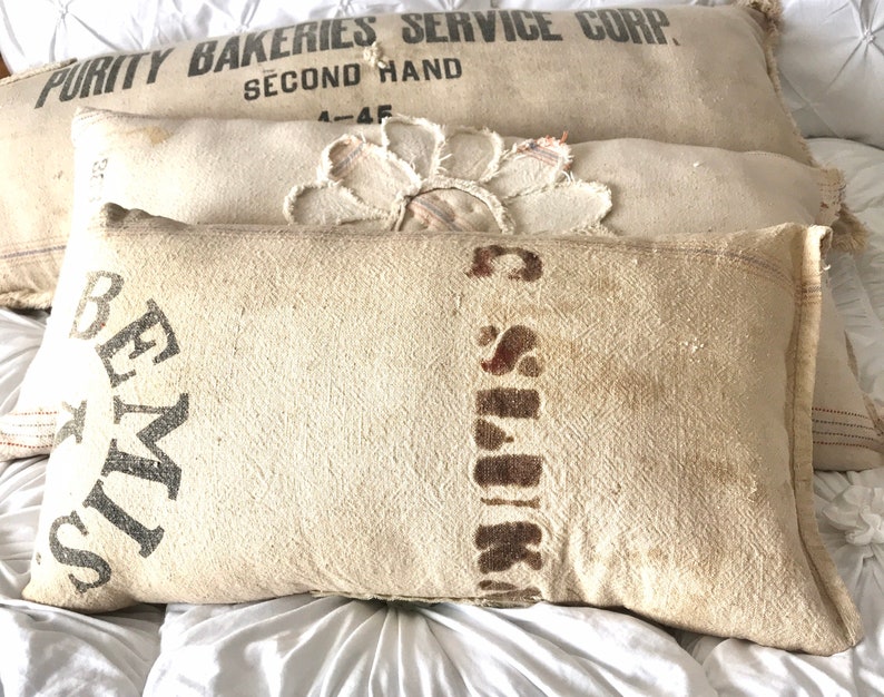Vintage Grain Sack Bunny PillowBemis Seamless Farmhouse BeddingFeed Sack Bunny FlowersEasterSpring Throw PillowRustic Cottage