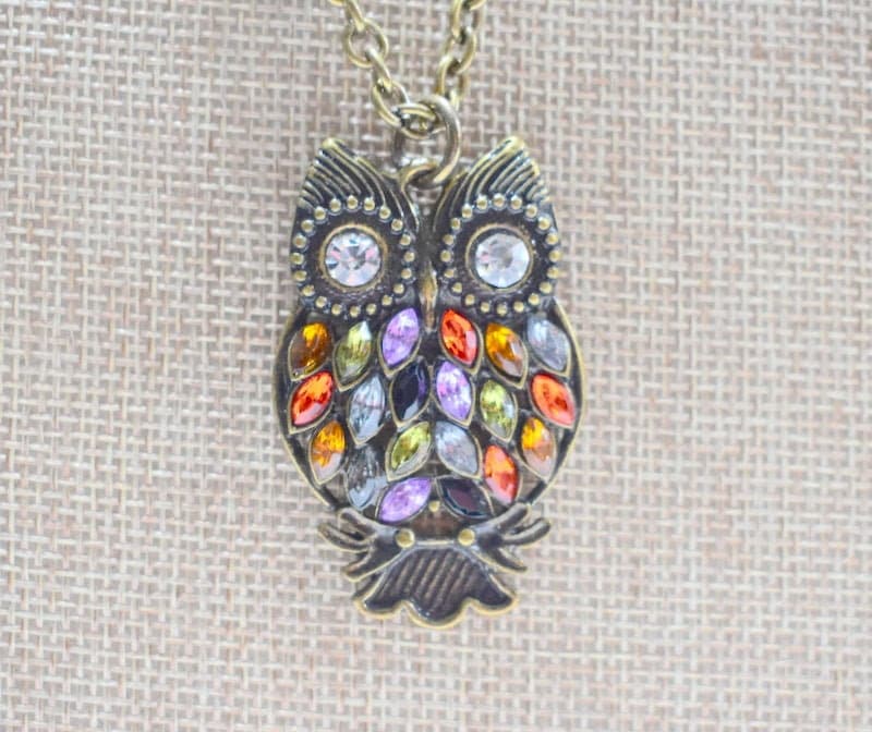 Necklace Owl Large Pendant Matinee Length Costume Jewelry Signed Tag Metal Alloy Crystals
