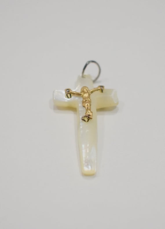 Vintage Pendant Crucifix Cross Mother of Pearl Me… - image 1