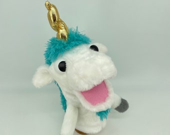 Happy Unicorn - marioneta de mano, estilo muppet, blanco y azul