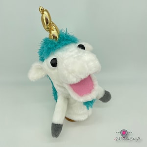 Happy Unicorn - hand puppet,  muppet style, white and blue