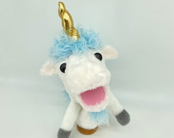 Unicornio feliz azul claro - marioneta de mano, estilo muppet