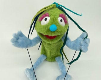 Green Melancholy with blue accent - hand puppet, muppet style