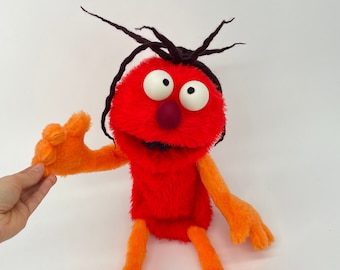 Red Monster with orange accent - hand puppet, muppet style with dreads