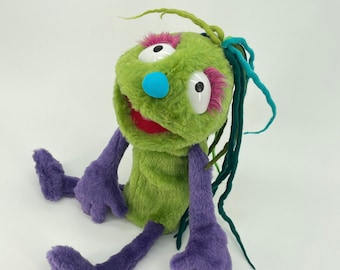 Green Melancholy with purple accent - hand puppet, muppet style
