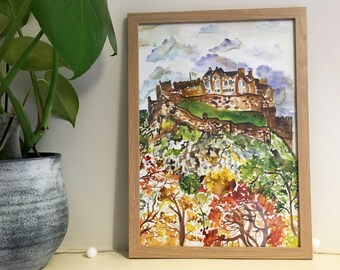 Edinburgh Castle in Autumn Leaves Watercolour Painting / A4 (29.7 x 21 cm) or A3 (29.7 x 42 cm) / Scotland Scene / Unique Travel Wall Decor