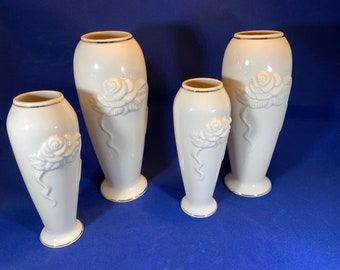 Lenox Square Floral Embossed Bud Vase Blossom 7 14\u201d Cream 24K Gold Trim