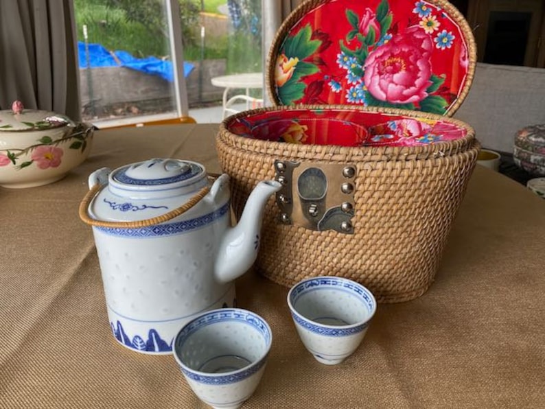 Vintage Chinese Tea Set Wicker Basket Hand Tea Pot Etsy