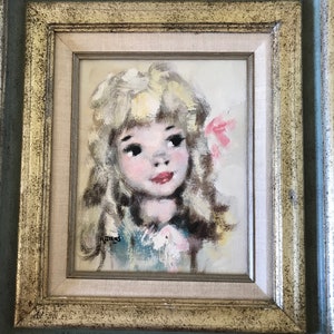 Mid Century Modern Oil on Canvas Big Eye Girl by Kuros Original 1975 Vintage Painting in Frame