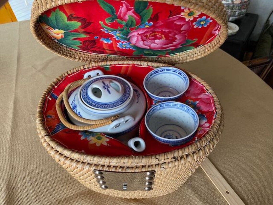 Vintage Chinese Tea Set Wicker Basket Hand Tea Pot Etsy