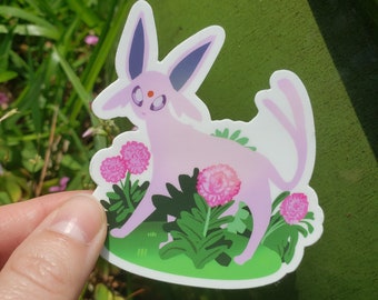 Espeon Pink Peonies Sticker, Eeveelution Nature Art, 3x3 Inch
