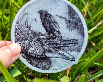 Bayou Moon Vinyl Sticker, Alligator and Raven Art, 3 Inch Wildlife Sticker, Realistic Pen Drawing, Louisiana Bayou Decor