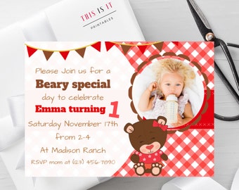 Teddy Bear Picnic Invitation, Printable Digital File, 5 x 7 PDF, Red Gingham digital printable file, Picnic themed , gingham themed party