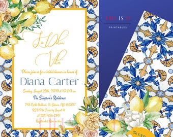 Amalfi Coast glam inspired , La dolce Vita bridal shower invitation, Mediterranean vibes with blues and lemon green , Printable PDF file