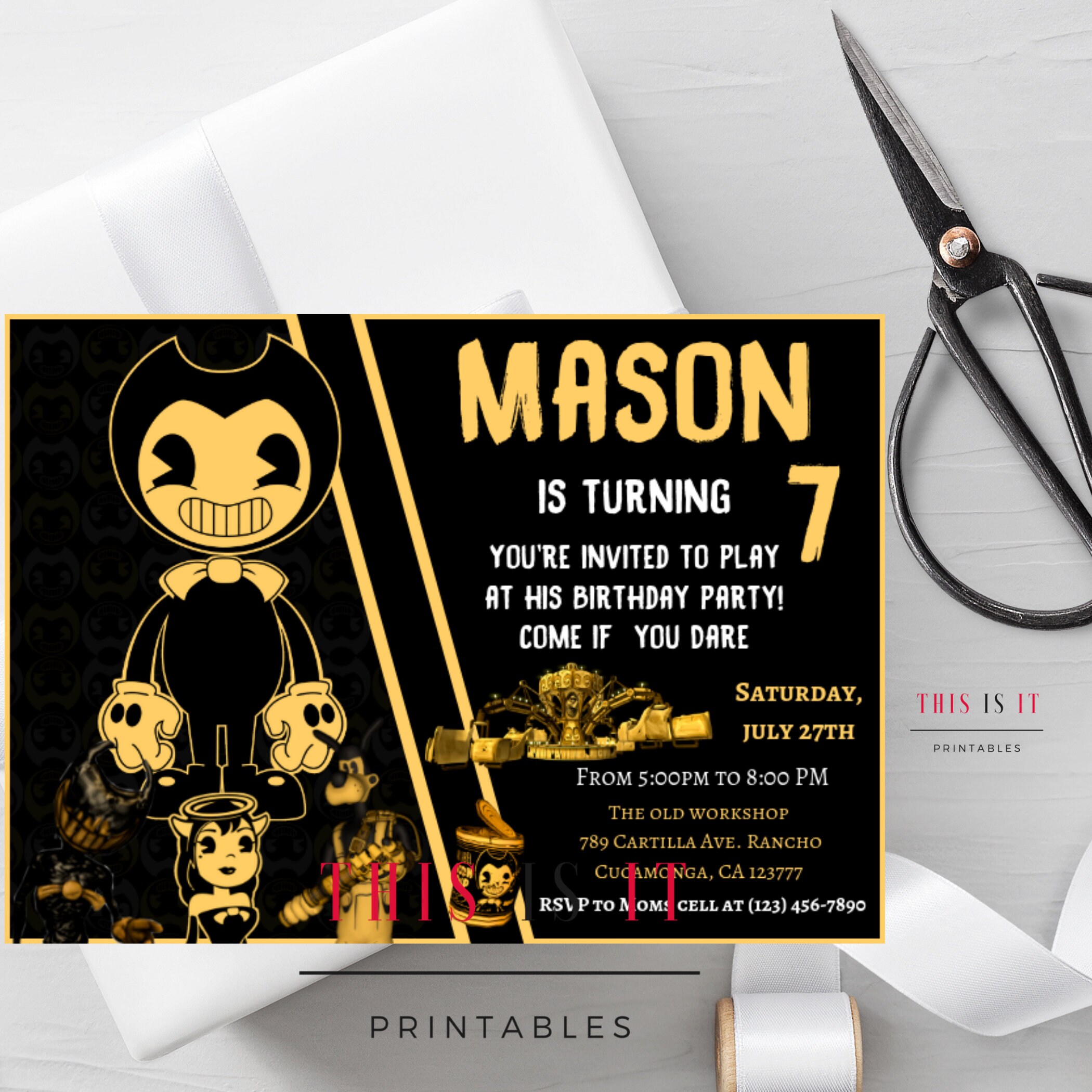 Editable Bendy And The Ink Machine Birthday Invitations DIY