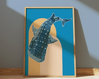 May include: A framed print of a blue and white whale shark swimming in front of a blue and orange background.