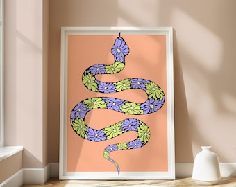 Peach Snake Floral Wall Art, Bright Snake Print (Digital Download)