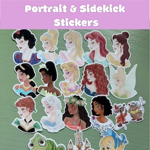 May include: A collection of stickers featuring portraits of various princesses and sidekicks. The stickers showcase detailed illustrations of characters with vibrant colors and intricate designs. The text "Portrait & Sidekick Stickers" is displayed at the top.