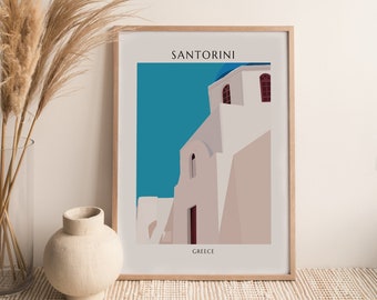 Printable Santorini Greece Art Print, Minimal Santorini Illustration, Printable Summer Vibe Poster, Santorini Wall Art.