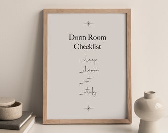 Affiche imprimable de liste de contrôle de chambre de dortoir, décor moderne minimaliste de mur de dortoir, art imprimable de dortoir, liste de contrôle pour des dortoirs.