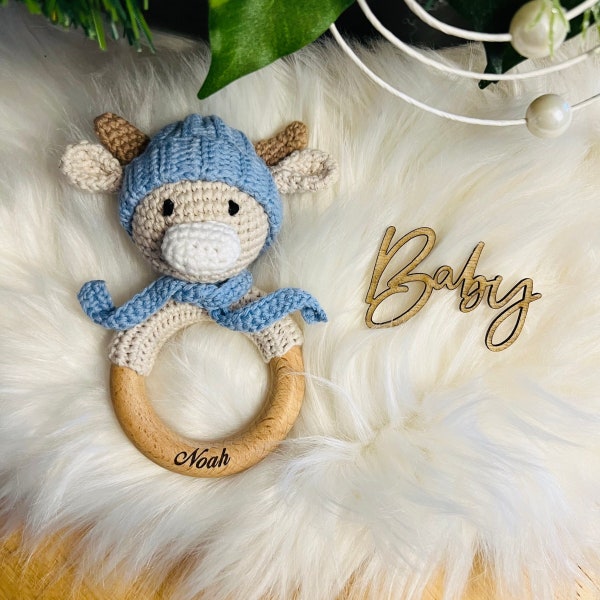 Babygeschenk Geburt, Kuh, Rassel Baby, Baby Geschenk personalisiert, Greifling, Geschenk Geburt, Beißring, Babyrassel, Rassel Holz