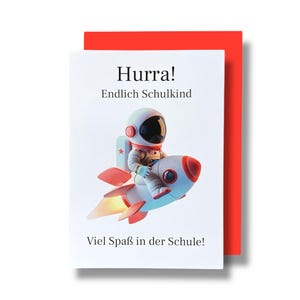 Glückwunschkarte zur Einschulung, Rakete, Monster, Dinosaurier-Motiv, A6 Format