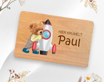 Frühstücksbrett personalisiert, Teddy mit Rakete, Babygeschenke, Holzbrett personalisiert, Geschenk Geburt, Brettchen Kinder, Kind