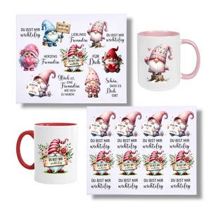 Könnte beinhalten: Eine Auswahl an Artikeln zum Thema Gnome, darunter Tassen und Aufkleber. Die Tassen haben rote und rosa Akzente und zeigen Gnome-Illustrationen mit dem Text "DU BIST MIR wichtig". Die Aufkleber haben ebenfalls das gleiche Design.