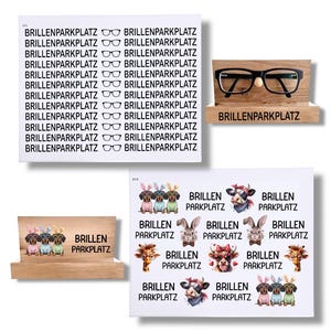 Könnte beinhalten: Das Bild zeigt eine schwarze Brille auf einem Holzständer mit dem Text "BRILLENPARKPLATZ". Weitere Bilder zeigen denselben Text und Illustrationen von Tieren mit Brillen.