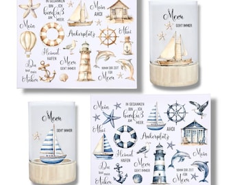 Rub-on stickers, DIN A4, nautical, blue, beige, lighthouse, beach house, seagull, anchor, sayings, sea, borderless rub-on stickers