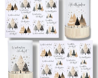Rub-on stickers, Christmas trees, black and beige, DIN A4, sayings, Merry Christmas, borderless rub-on stickers, rub-on stickers