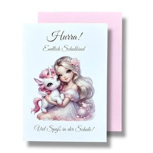 Glückwunschkarte zur Einschulung, Mädchen, Prinzessin, Einhorn, Meerjungfrau-Motiv, A6 Klappkarten mit Umschlag