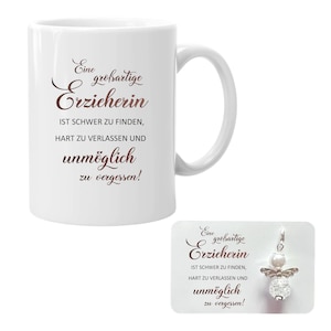 Erzieherin Geschenkset, Tasse 330ml mit Spruch und Schutzengel-Anhänger, Geschenk Abschied Kindergarten Kita
