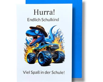 Greeting card for starting school, rocket, monster, dinosaur motif, A6 format