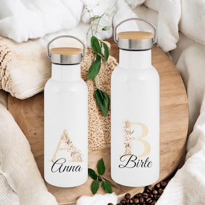 Edelstahl Trinkflasche mit Bambusdeckel personalisiert „Name und Anfangsbuchstabe“ – Thermoflasche Isolierflasche